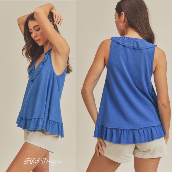 LAST 2! V Neck Royal Blue Super Soft Ruffle Effortless Top! - Picture 4 of 6